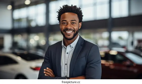 Portrait of a successful African American businessman smiling in a car dealership