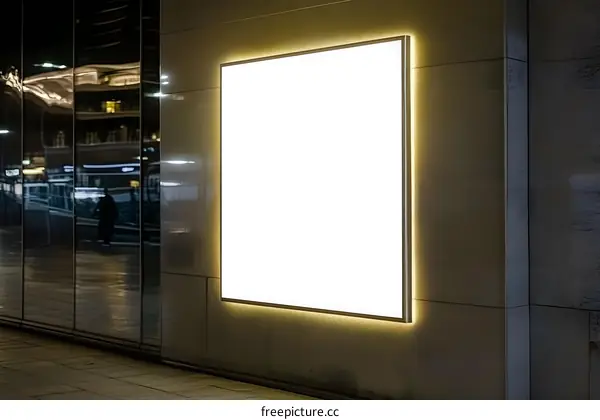 Blank White Illuminated Billboard on a Building Wall at Night