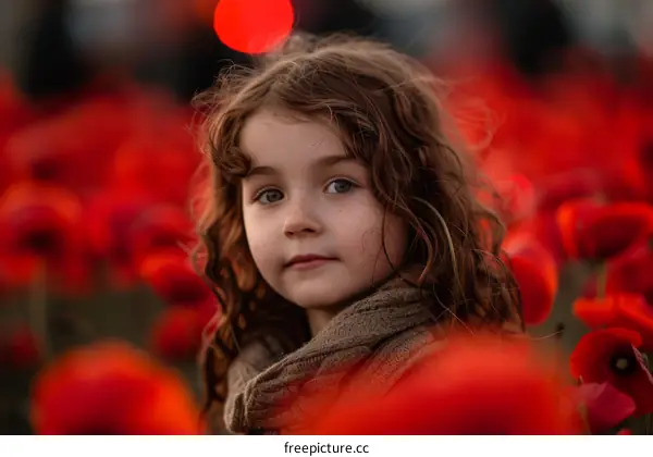 Little girl standing in a field of red flowers