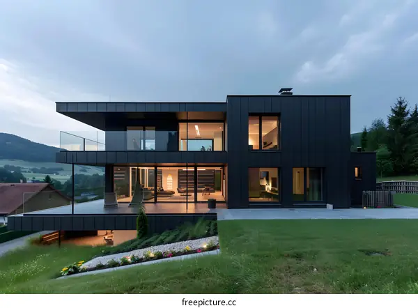 Modern Black House with Glass Balcony and Mountain View
