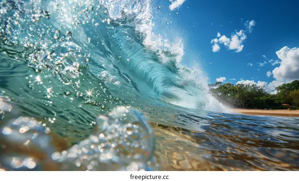 Underwater photography of a big blue ocean wave crashing on a sandy beach with green trees and blue sky