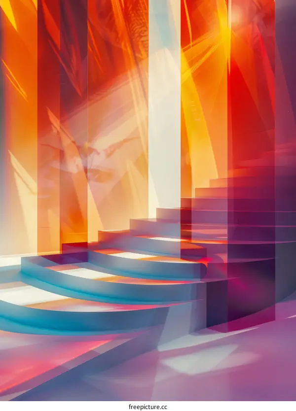 Modern Glass Staircase with Blue and Orange Reflections