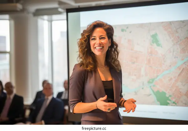 A smiling businesswoman giving a presentation in a conference room