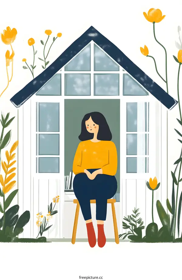Woman Sitting in a Small House Surrounded by Flowers