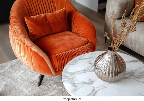 Modern Living Room Orange Velvet Chair and Coffee Table