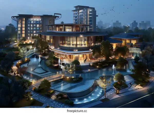 A luxury hotel with a view of the city from a birds eye view