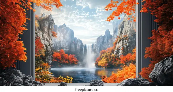 Scenic Landscape With Waterfall And Autumn Foliage