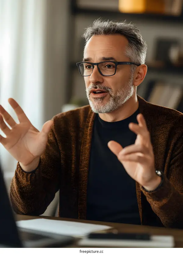 Man in Brown Cardigan Gesturing With Hands in a Video Conference