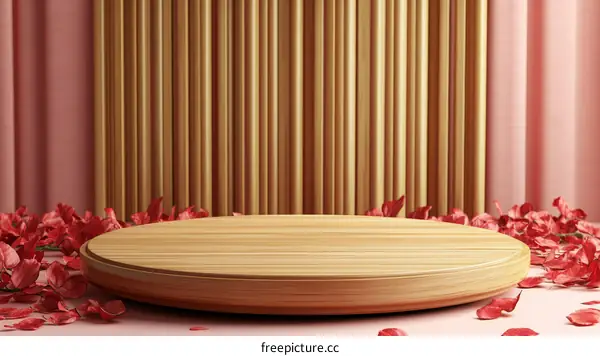 Elegant Wooden Round Display Podium with Pink Backdrop