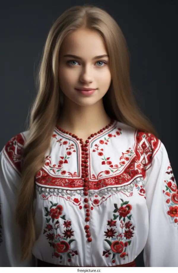 portrait of a young woman in a traditional embroidered shirt