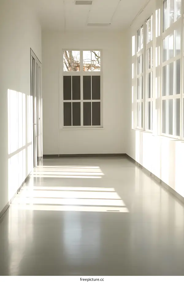 Sunlight Streaming Through Windows in a White Corridor