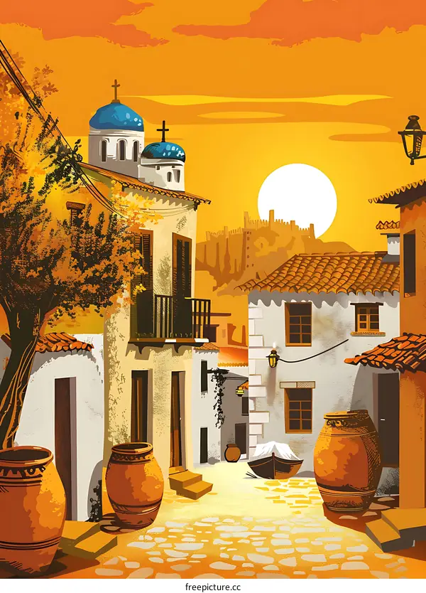 Mediterranean Town Sunset Landscape Illustration