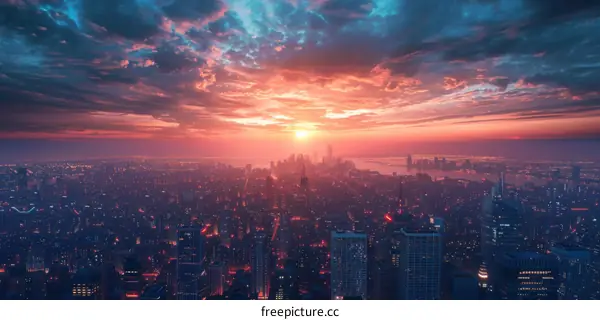 Aerial View of City Skyline at Sunset