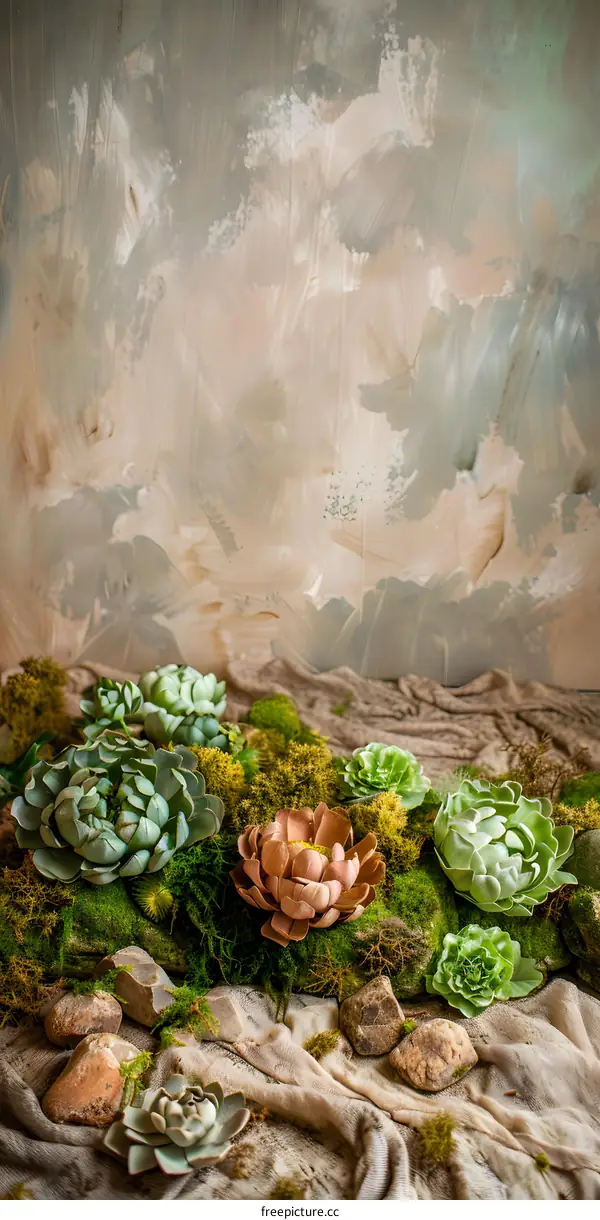 Green Succulents And Moss On Tan Fabric With A Blurred Background
