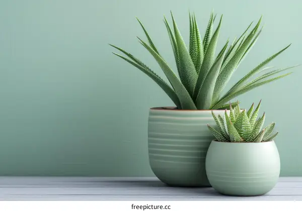 Two potted succulents sit on a wooden table against a pale green background.