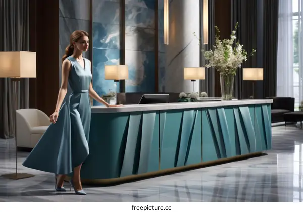 Elegant Woman in Blue Dress at Luxury Hotel Reception