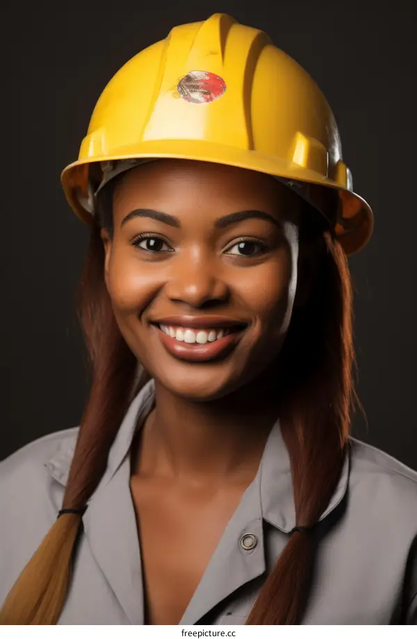 portrait of a smiling young black woman wearing a hard hat
