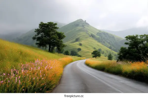Country Road Winding Through a Lush Landscape