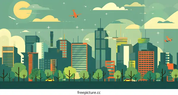 Flat Illustration of Cityscape with Green Trees and Two Airplanes
