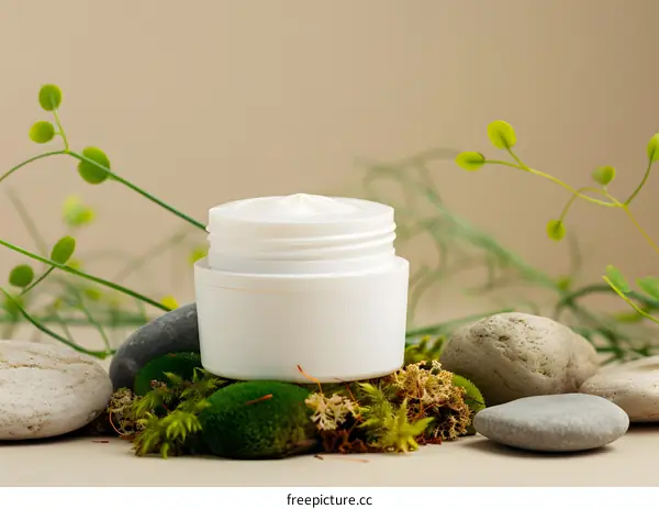 White Cream Jar on Green Moss and Stones