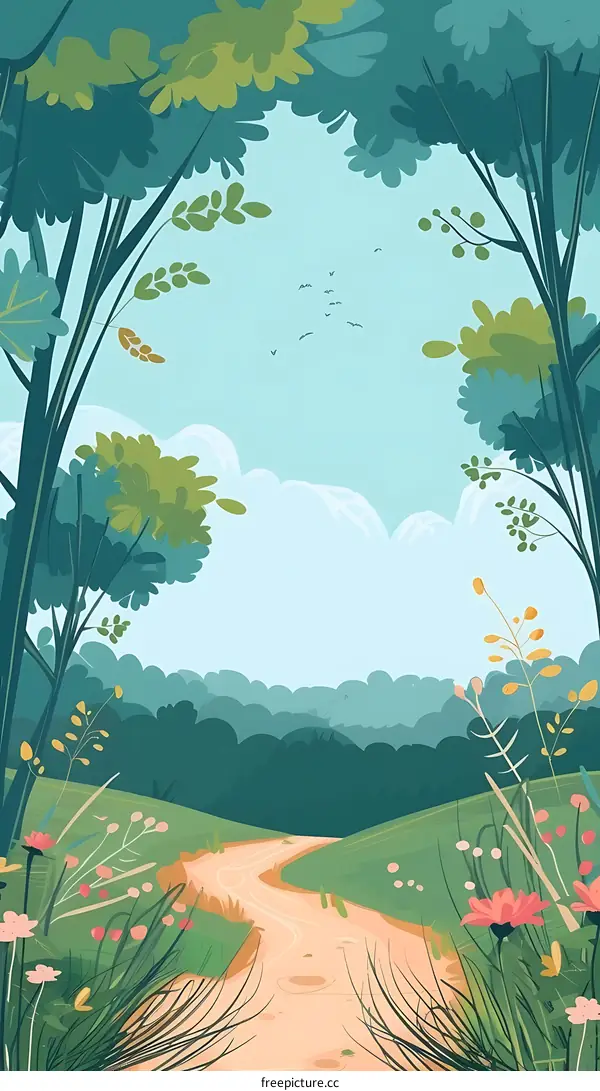 Green Forest Path with Birds and Flowers