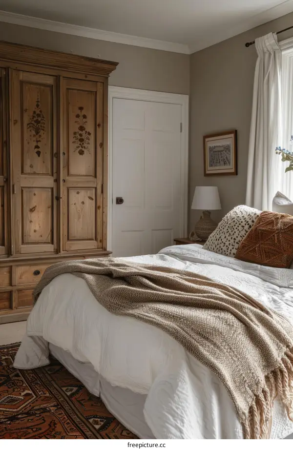 A Cozy Bedroom with Neutral Colors and Patterns