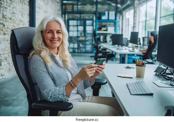 Smiling Senior Woman Working in Office