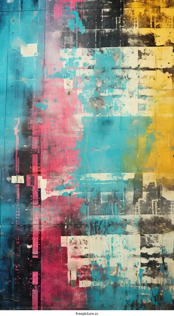 Abstract Painting in Blue, Pink, and Yellow