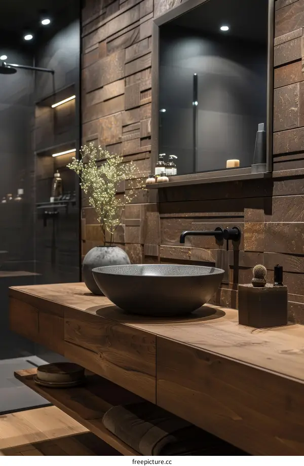 Modern Bathroom with Wooden Vanity and Stone Tiles