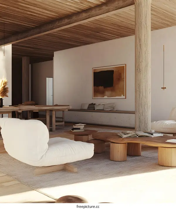 Minimalist Living Room Design with Wooden Beams and Natural Elements