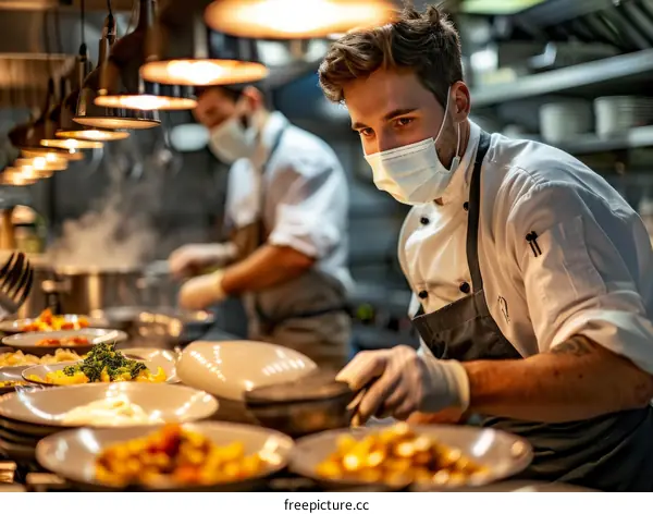 Two chefs are preparing dishes in a restaurant kitchen