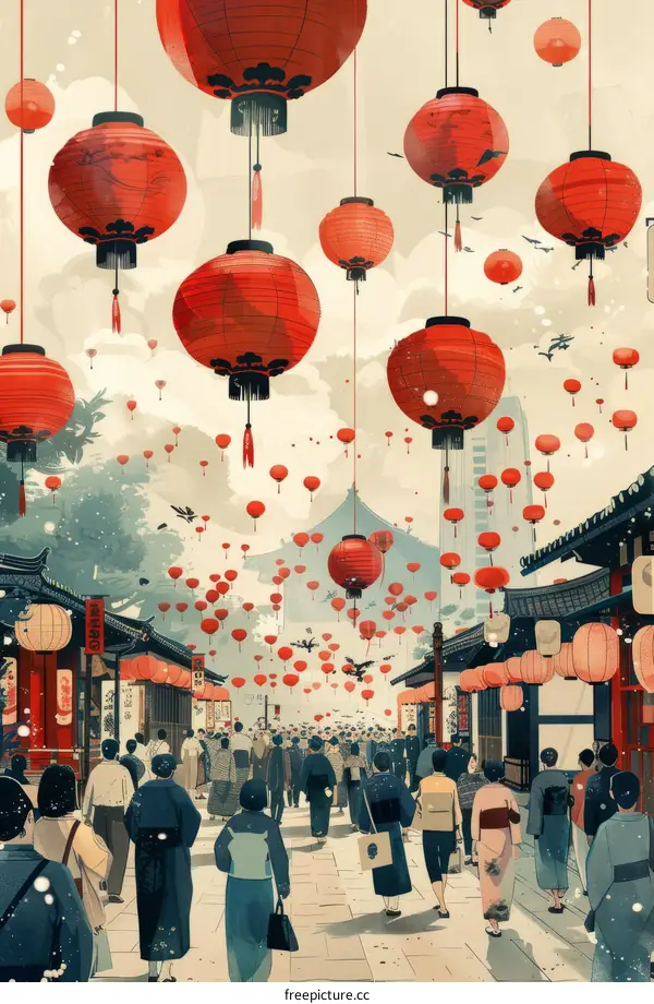 A crowded street in a Japanese city with people wearing traditional clothes and carrying red lanterns