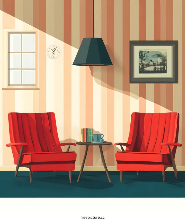 Red Chairs In Living Room With Striped Wallpaper