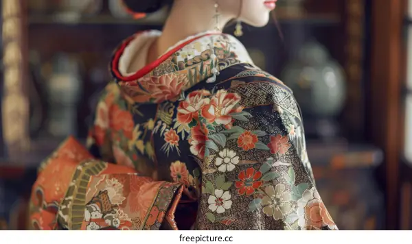 A woman wearing a kimono with floral patterns