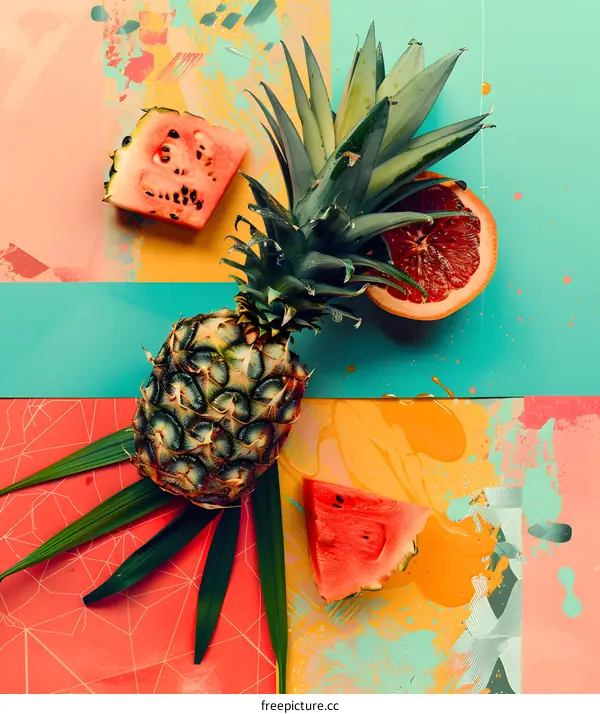 Pineapple, Watermelon and Grapefruit on a Colorful Background