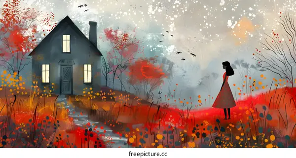 girl in red dress in a field of red flowers with a cottage in the distance