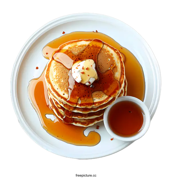 [Transparent Background PNG]A decadent plate of pancakes dripping in maple syrup