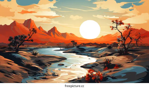 sunset in the mountains with a river flowing through the middle