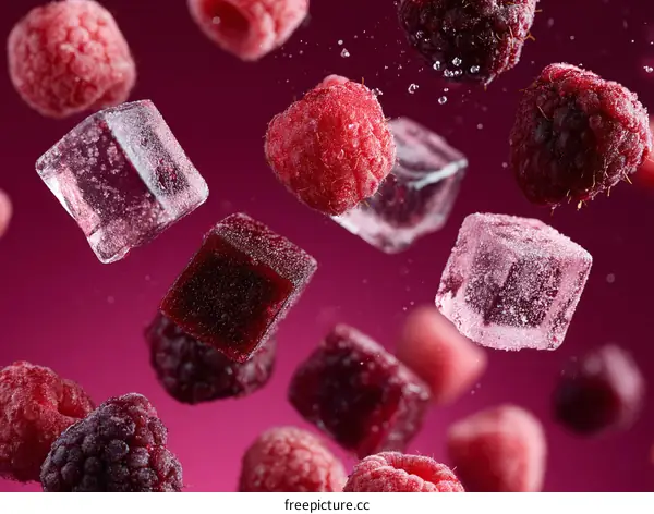 Frozen Berries and Ice Cubes in Motion