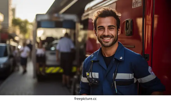 Portrait of a smiling young male paramedic in uniform standing in front of an ambulance