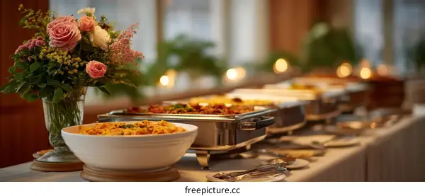 Elegant Buffet Dinner Setting with Flowers