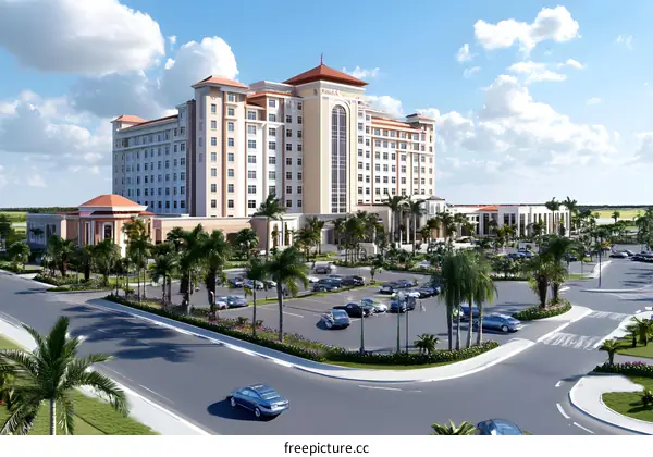 Modern Luxury Hotel Building with Palm Trees and Parking Lot