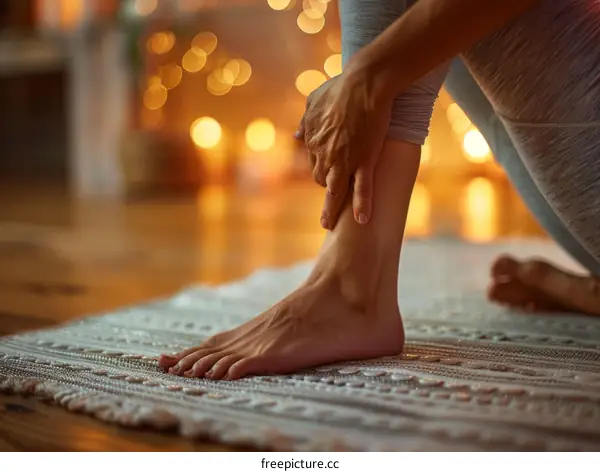Close-up of a young woman doing yoga at home, with fairy lights in the background