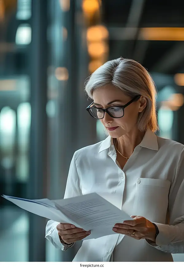 Businesswoman Reading Documents in Office Building