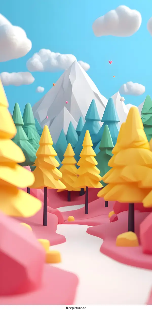 Low Poly Mountain Landscape with Trees and Hearts