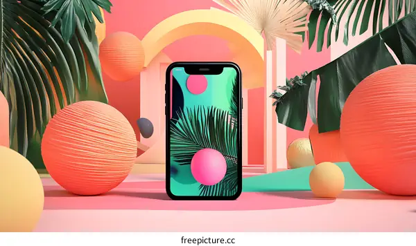Phone with Summer Tropical Palm Leaves and Abstract Shapes