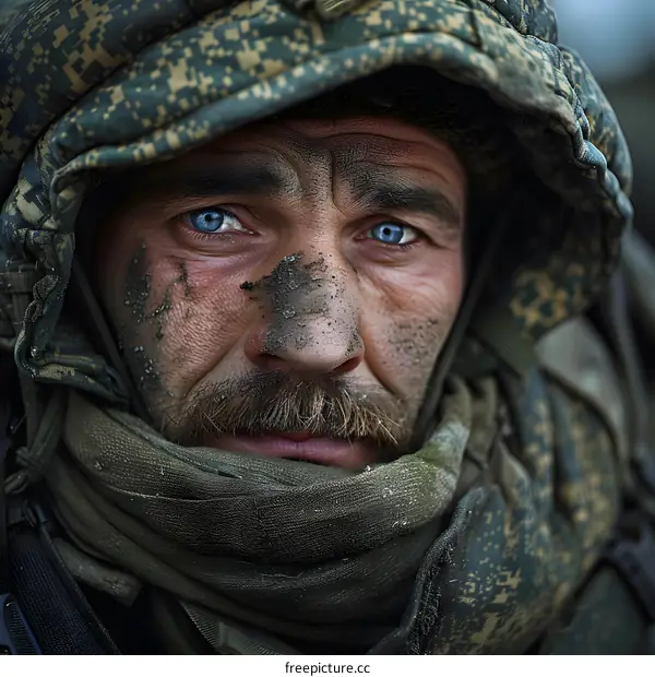Portrait of a soldier with blue eyes
