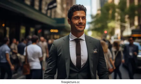 A well-dressed man in a suit is walking down a busy street