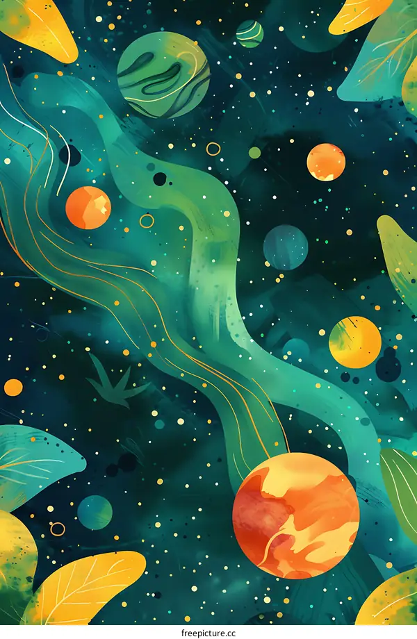 Abstract Space Galaxy Planets Green Yellow Orange