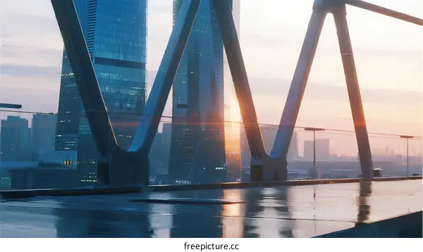 Modern Urban Bridges with Skyscrapers at Sunset
